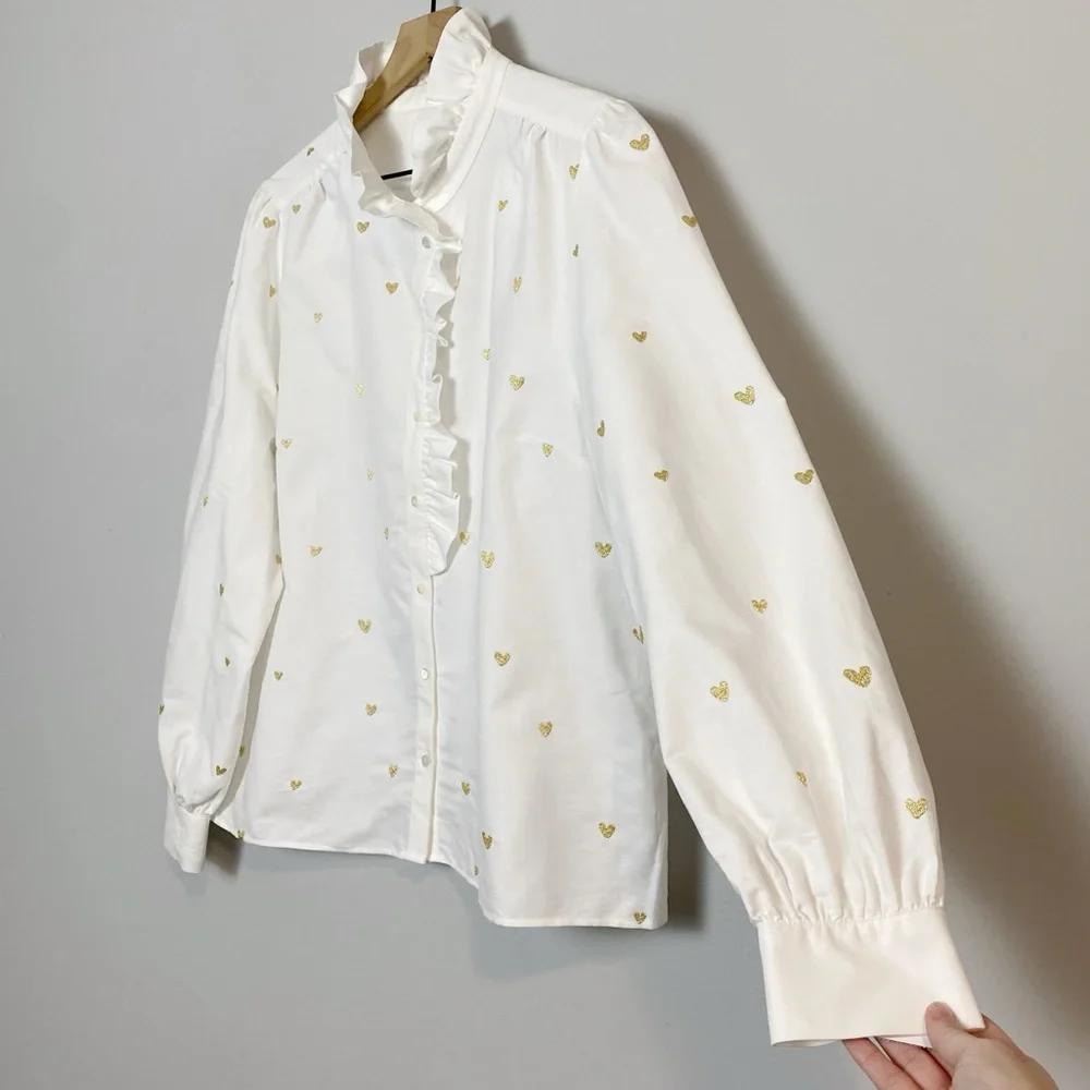 Sezane Chlo Gold Hearts Embroidered Shirt - Picture 8 of 12